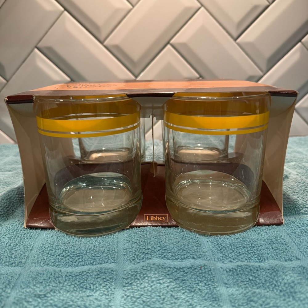 New Vintage Libbey Bon Vivant Set 4 Old Fashioned Glasses Sunshine Yellow Stripe